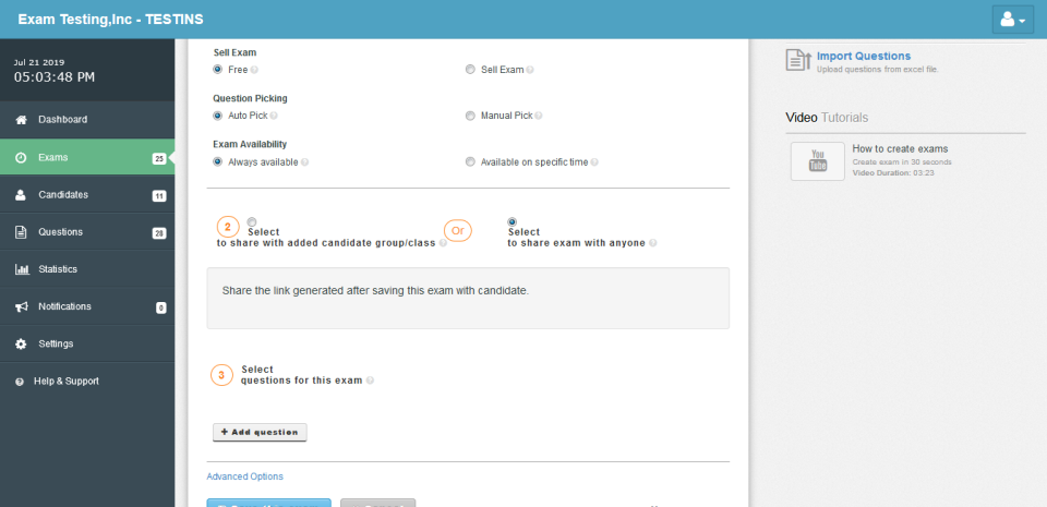 screenshot of Exam Testing